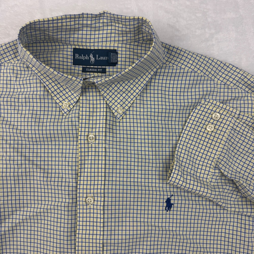 Ralph Lauren Classic Fit Shirt Mens 17 36/37 Yellow Blue Check Button Down Pony